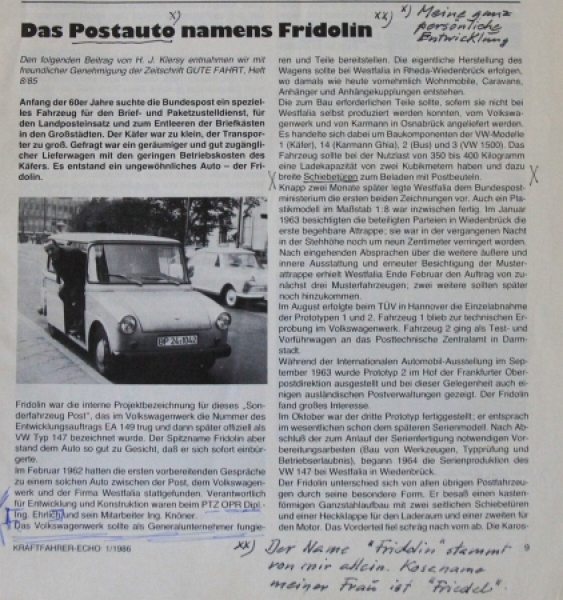 Volkswagen Fridolin 3 Factoryphotos and Presstext 1968 (3548)