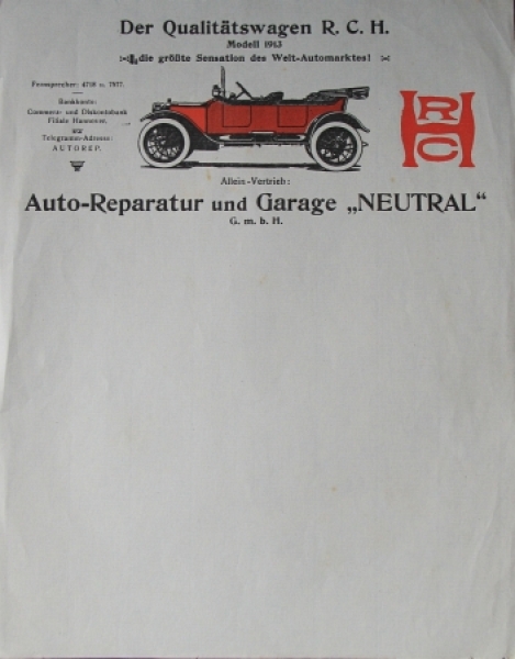 Hupp-Yates 1913 "R.C.H. Qualitaetswagen" Factory-Letter Carbrochure (3566)