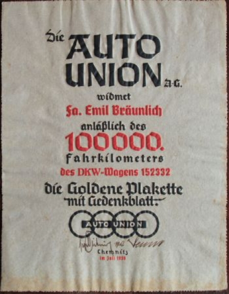 Auto-Union 1939 Certificate 100.000 km handmade paper (3597)