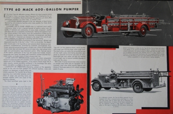 Mack Type 60 Modellprogramm 1935  "Fire Apparatus 600 Gallon Pumper" Lastwagenprospekt (4081)