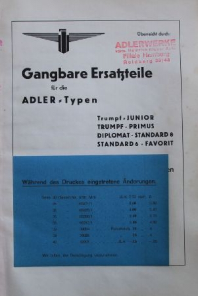 Adler Trumpf Diplomat Standard 1935 Sparepart-List (2729)
