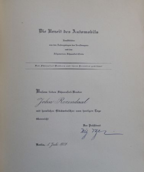 Allgemeiner Schnauferl-Club "Die Urzeit des Automobils" 1937 Map with original signed by Willy Vogel (3017)