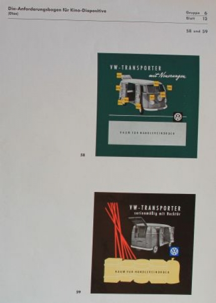 Volkswagen Advertisingsheeds 1954 "Anforderungsbogen für Kino-Diapositive" (3040)