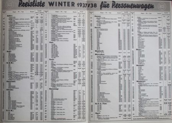 Hund Wintercare Priclist 1938 Carpartbrochure (6379)