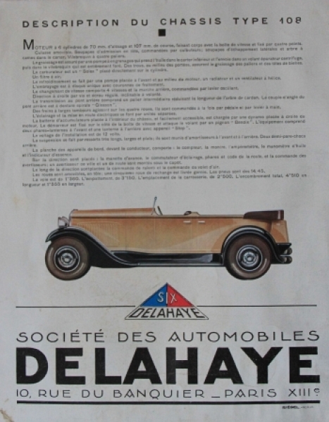 Delahaye Typ 108 14 C.V. Modelprogram 1933 Carbrochure (5098)