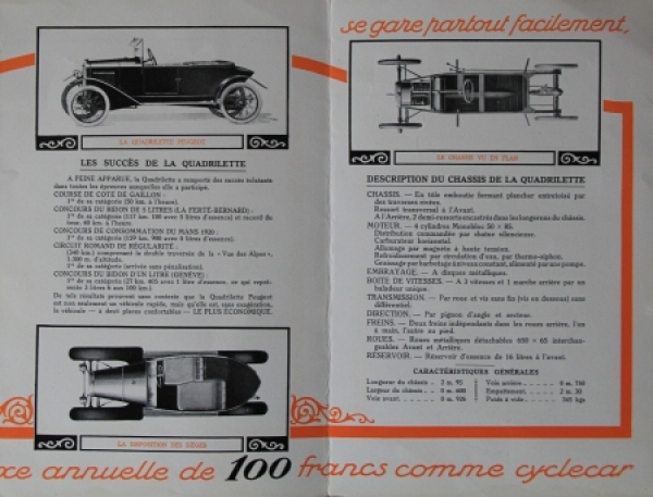 Peugeot La Quadrilette Modellprogramm 1920 Automobilprospekt (5349)