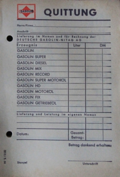 Gasolin Receiptbook 1964 Nitag Gasstation 100 sheeds (0669)