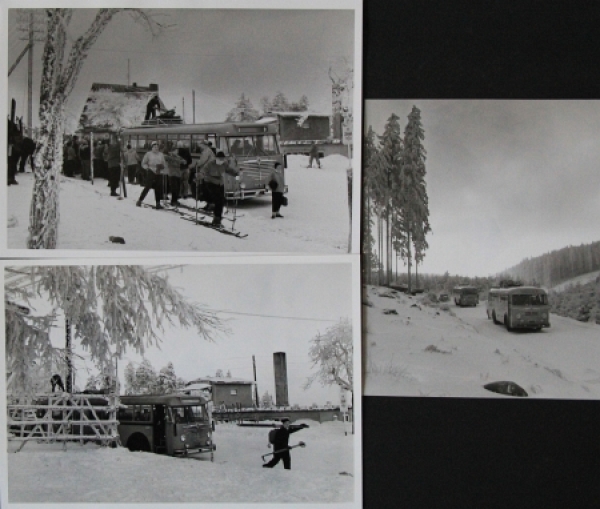 Buessing-NAG Bus 6000 T travelling through Winter-Harz 1955 three Factoryphotos (5786)