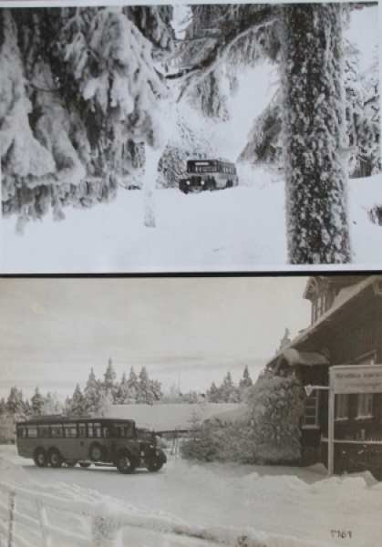 Buessing-NAG Bus Doubleaxle at winterly Harz 1927 two original photos (5828)