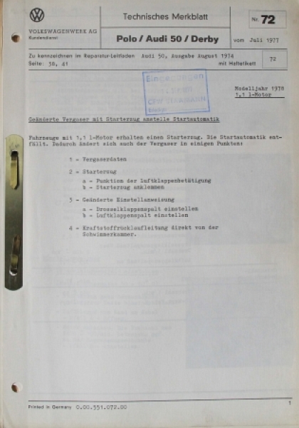 Volkswagen Polo Derby 1977 technical sheeds in file (6051)
