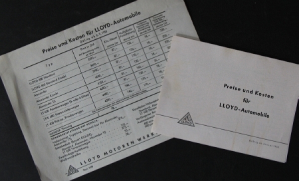 Lloyd Pricelists 1958 "Preise und Kosten" Automobilesbrochures (6342)