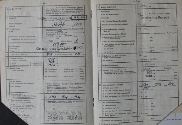 Goliath Deliveryvan 14,5 PS 1956 Motorvehiklepapers (8808)