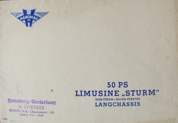 Hanomag 50 PS Sturm  Sedan Longchassis Modelprogram 1936 Carbrochure (3211)