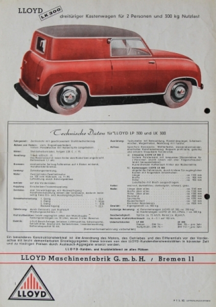 Lloyd LP 300 Modelprogram 1950 Carbrochure (6853)