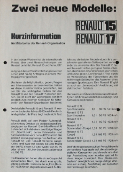 Renault 15 - 17 Modelprogram 1972 Carbrochure (3565)