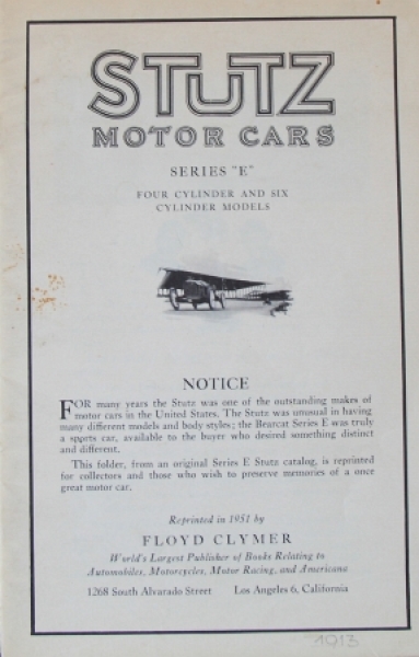 Stutz Motor Cars Series E Modellprogramm 1913 Automobilprospekt (4519)