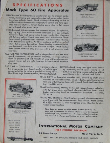 Mack Type 60 Modelprogram 1935  "Fire Apparatus 600 Gallon Pumper" Truckbrochure (4081)