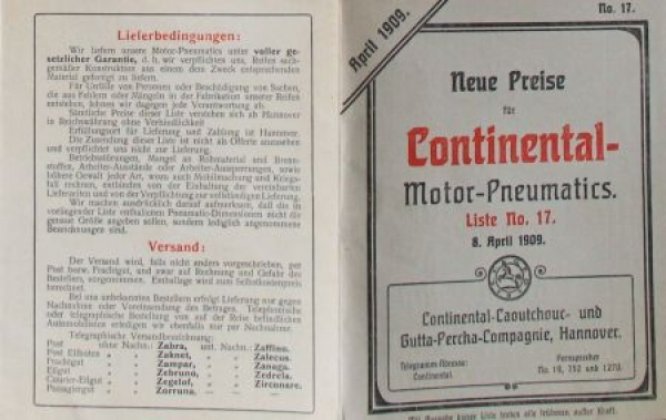 Continental Tires 1909 Motor-Pneumatic Brochure , Pricelist, letter  (8165)