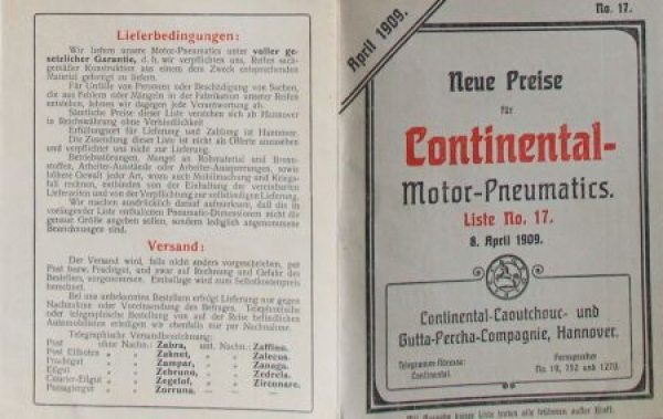 Continental Reifen 1909 Motor-Pneumatic Prospekt, Preisliste, Anschreiben (8165)