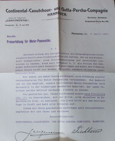 Continental Tires 1909 Motor-Pneumatic Brochure , Pricelist, letter  (8165)