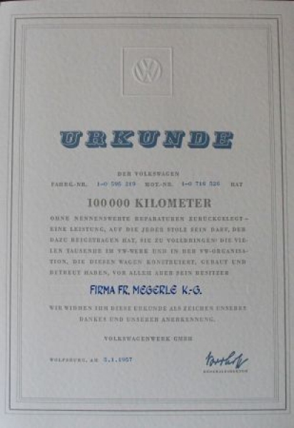 Volkswagen Document 100.000 KM 1957 with VW-Letter and map (8245)
