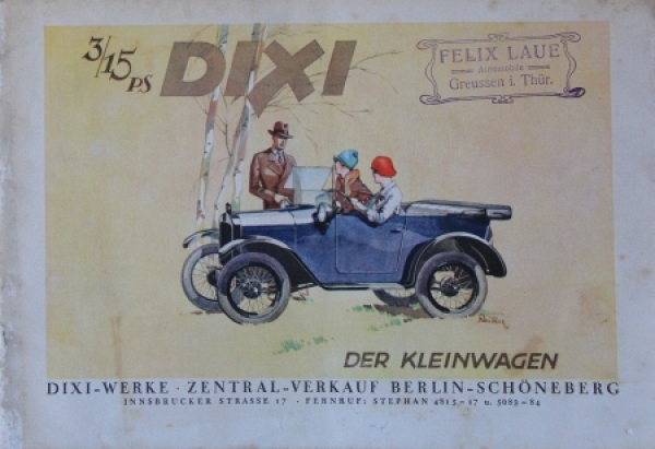 Dixi 3/15 PS Modelprogram 1928 "Der Kleinwagen" Reuters-Drawings Carbrochure (8540)