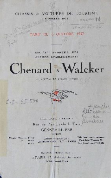 Chenard & Walker Modelprogram 1927 Carbrochure (8704)