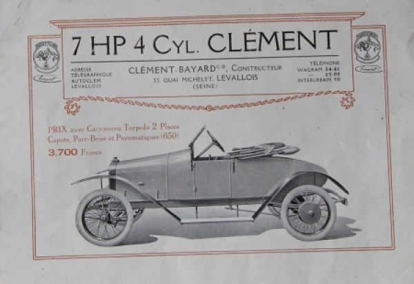 Clement 7 HP 4 Zylinder Modellprogramm 1910 Automobilprospekt (8709)