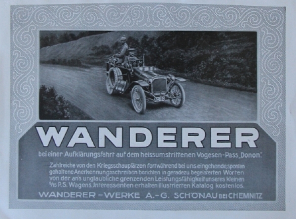 Wanderer Modellprogramm 1914 "Bei einer Aufklärungsfahrt in den Vogesen" Automobilprospekt (8743)