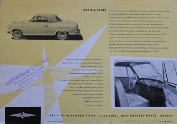 Borgward Isabella Deutsch Coupe Modellprogramm 1955 Automobilprospekt (1493)