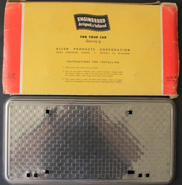 Allen-Products 1954 License-Plate "No-Mar Deluxe Universal" in original box  tin chrome (9925)